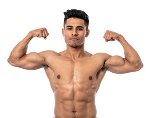 Muscular man flexing biceps isolated on white background, transparent PNG