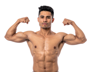 Muscular man flexing biceps isolated on white background, transparent PNG