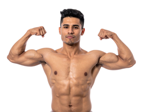 Muscular man flexing biceps isolated on white background, transparent PNG