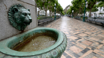 Lion fountain and pathway in an urban park setting.