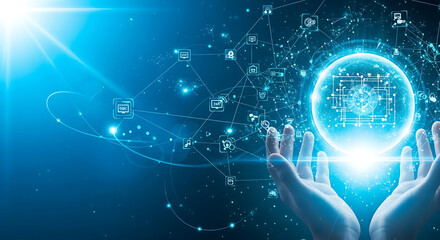 Futuristic digital sphere held in glowing hands with abstract technological network background