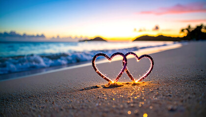 Two intertwined heart shapes glowing with golden sparkles, standing on a sandy beach. The tranquil ocean waves and a beautiful sunset or sunrise create a romantic and peaceful backdrop.