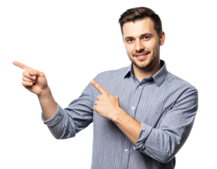 Man pointing with both hands isolated on white background, transparent PNG