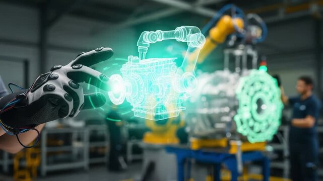 A technician uses advanced robotic gloves to interact with a 3D holographic engine model, showcasing the innovative fusion of digital technology and automated machinery