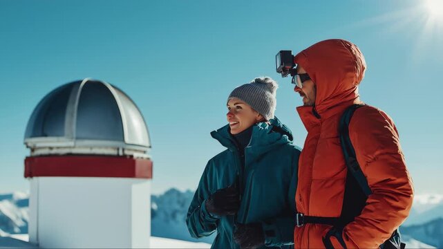 Two scientists in winter gear examine a small observatory dome in snowy mountains, calm bright research footage