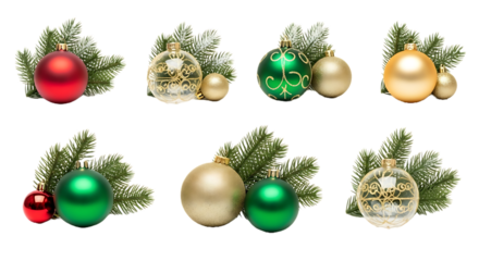 A set of elegant Christmas balls with fir tree branch decoration, isolated on pure white background, ultra detailed, high resolution PNG.