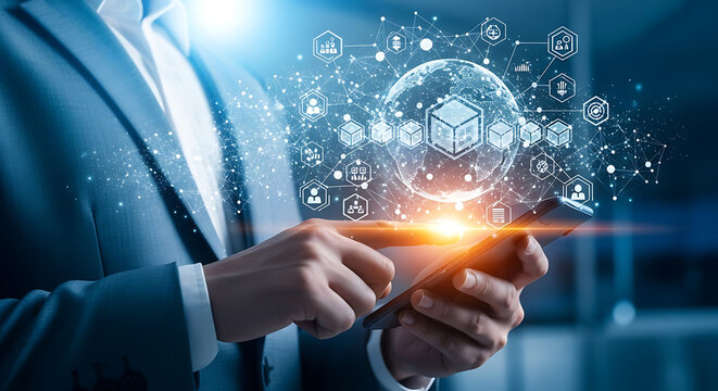 Businessman using smartphone with glowing digital network and abstract light bulb concept