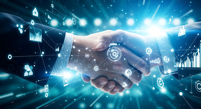 Close up of two business people shaking hands with a futuristic digital network overlay symbolizing global connection and technology - Powered by Adobe