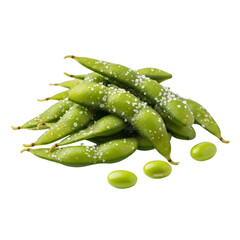 Pile of fresh edamame pods sprinkled with coarse sea salt against a clean background