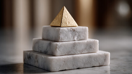 Golden pyramid on stacked marble blocks, elegant design.