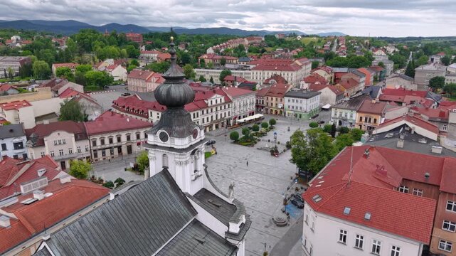 Market Square in Wadowice with the Basilica of the Presentation of the Blessed Virgin Mary in Poland.