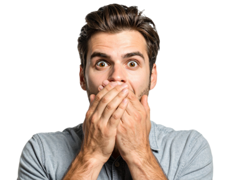 Man covering mouth in shock isolated on white background, transparent PNG