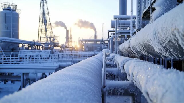 Frosty pipelines in an industrial facility during early morning in a cold environment with rising sun in the background