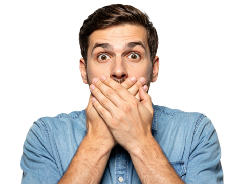 Man covering mouth with hands, surprised expression isolated on white background, transparent PNG - Powered by Adobe