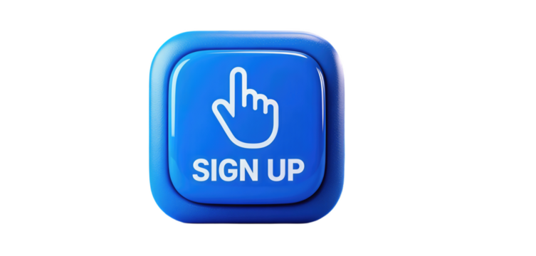 Glossy blue sign up button with hand icon