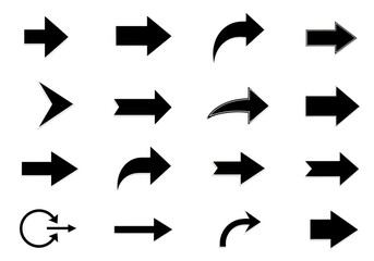 Collection of black arrows pointing right isolated on white background