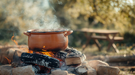 Clay pot cooking over open fire with smoke in outdoor setting