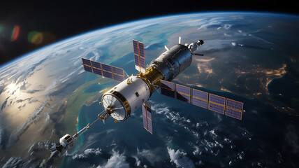 Satellite orbiting planet earth in outer space with solar panels extended