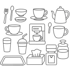 Collection of various kitchen and dining items in a clean line art style.
