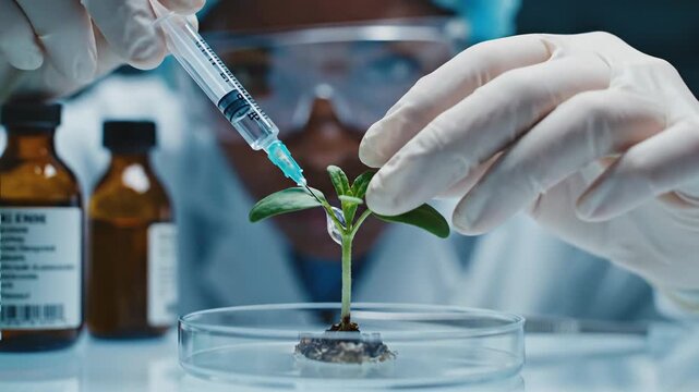 Dedicated researcher examining genetically modified plant seedling in a sterile scientific laboratory environment.