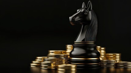 Black and Gold Chess Knight Standing on a Pile of Gold Coins on a Dark Background
