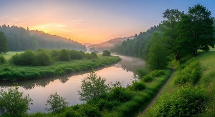 Serene River Landscape at Dawn with Lush Greenery.