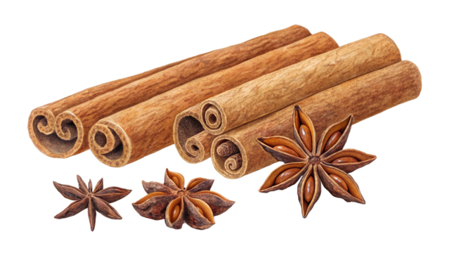 cinnamon sticks and anise star isolated on white or transparent png