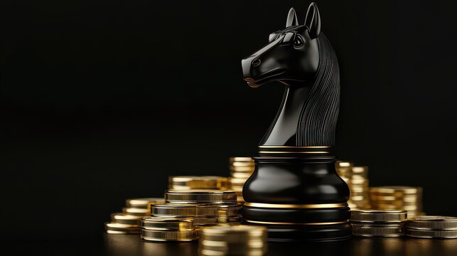 Black and Gold Chess Knight Standing on a Pile of Gold Coins on a Dark Background - Powered by Adobe