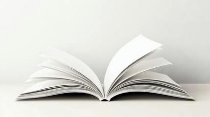 Fototapeta premium An open book with blank white pages is displayed on a white surface against a white background, suggesting a clean and minimalist aesthetic.