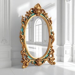 Elegant baroque mirror with golden ornate frame and turquoise accents high resolution photo