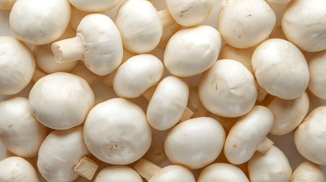 Close-up cluster of fresh white button mushrooms with smooth rounded caps, soft matte texture, and short stems, arranged naturally against a clean white background.