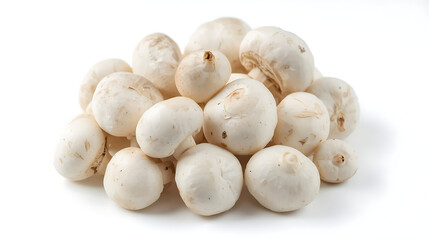 Close-up cluster of fresh white button mushrooms with smooth rounded caps, soft matte texture, and short stems, arranged naturally against a clean white background.