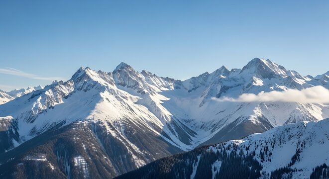 Majestic snow-capped mountain range under a clear blue sky.