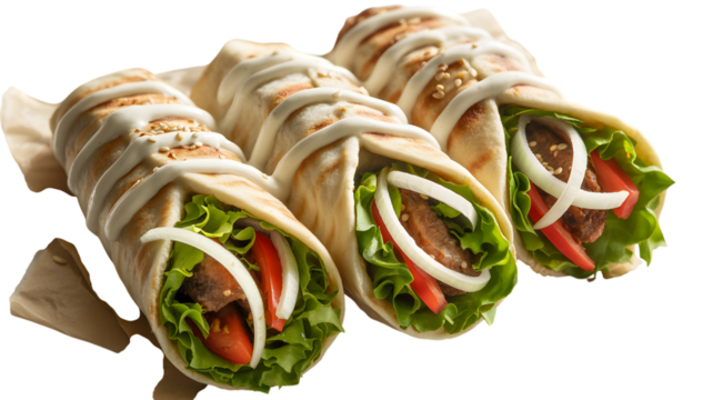 Delicious shawarma wraps with fresh vegetables and creamy sauce ready to be served on transparent background