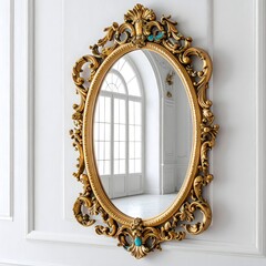 Antique golden frame mirror with artistic turquoise detailing high resolution photo