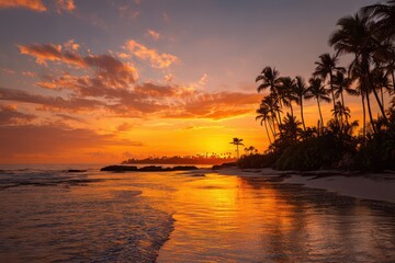 Golden sunset over tropical coastline with palm silhouettes at calm sea