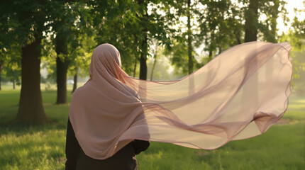 Woman wearing hijab dancing in a serene park with flowing scarf.