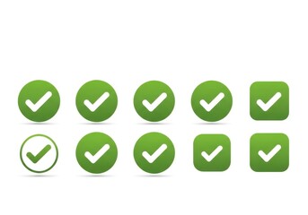 Collection of green check mark icons isolated on white background