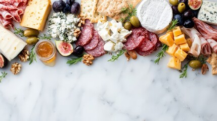 Gourmet cheese and meat assortment photographed with a white marble banner and generous copy space