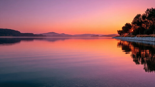 Serene sunset over a calm lake with tree reflections. - Powered by Adobe