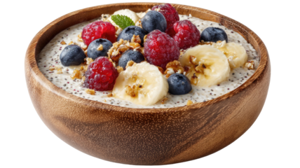 Healthy breakfast bowl of muesli or oatmeal with fresh berries, fruit, and milk for a nutritious diet