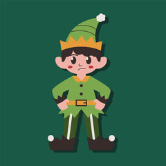A cartoon elf is standing on his toes and looking down