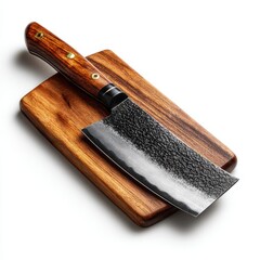 Hand Forged Cleaver Knife on Wooden Cutting Board, Rustic Kitchen Tool