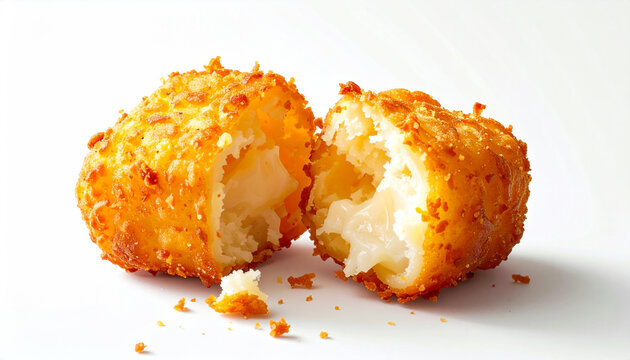 Close-up of a fried cheese curd cut in half.