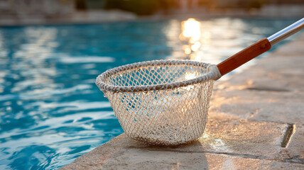 Fishing net by the pool at sunset.