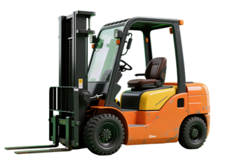 Modern Orange Forklift with Black Tires and Lifting Forks