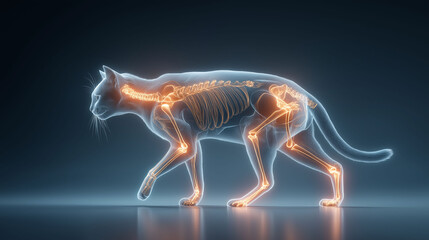 Fototapeta premium Veterinary 3D render – transparent cat body with glowing skeletal system in motion