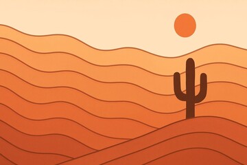 Topographic warm orange desert landscape featuring rolling waves of sand dunes, a prominent lone cactus, and a simple setting sun, capturing the serene beauty of the American Southwest and travel