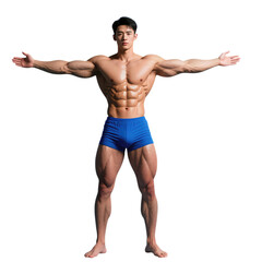 Muscular Asian man posing with arms outstretched in blue shorts