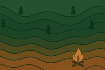 Minimalist topographic flat design rolling landscape, textured waves in green orange tones with scattered pine trees and a cozy bonfire, evoking themes of camping, nature, adventure, the outdoors
